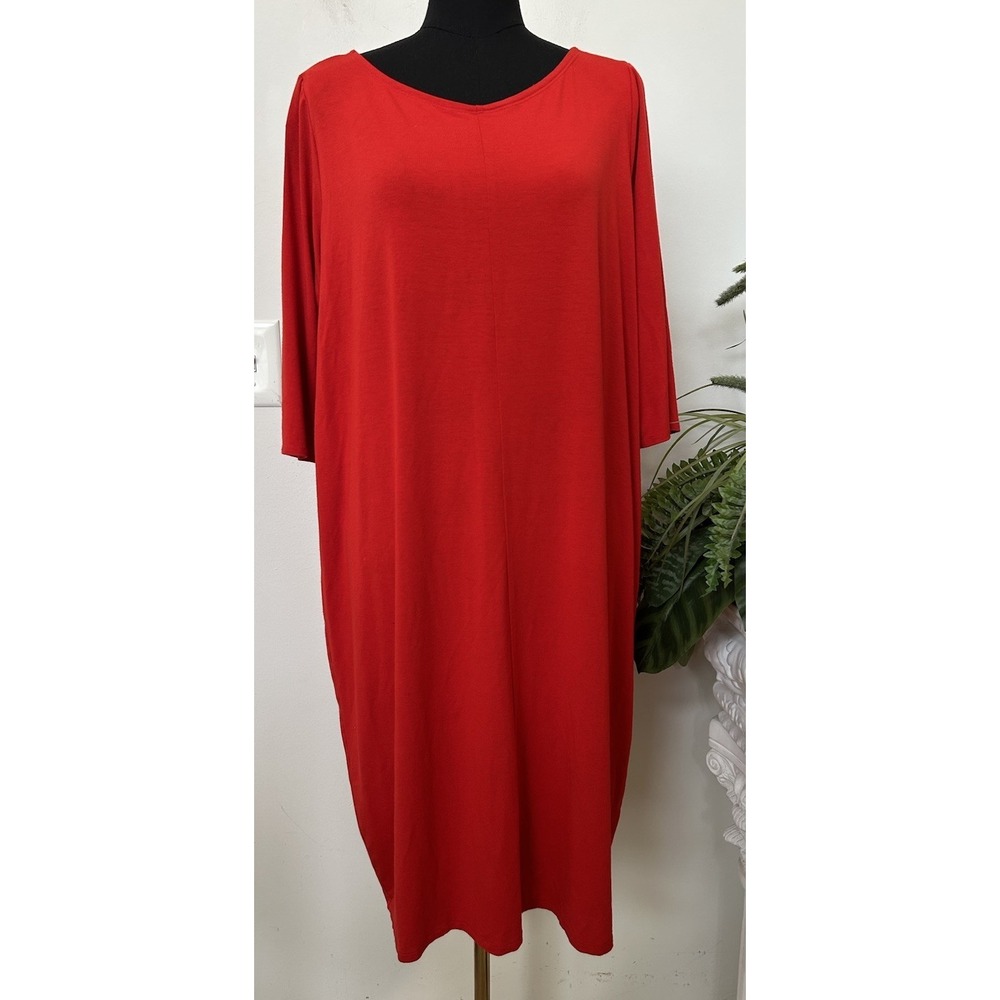 Eileen Fisher Jersey Midi Dress Red Lagenlook Timeless Capsule Art Staple Sz‎ XL